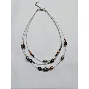 Tri Tone Metallic Bead Illusion Necklace Silver Copper Gunmetal Adjustable